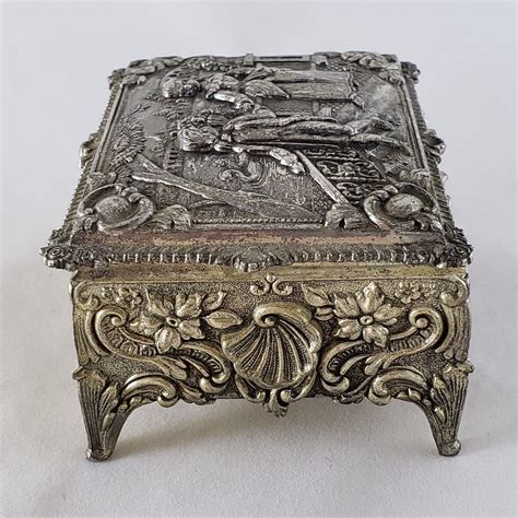 Vintage Ornate Footed Trinket Box Silver Tone Metal Red Velvet 